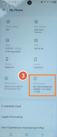 Tap Build number 7 times on Tecno phone