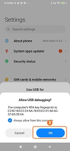 Tap OK to allow USB debugging on Xiaomi MIUI