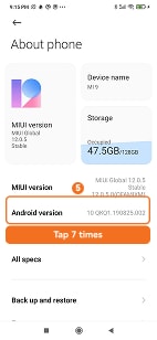 Tap MIUI version 7 times on Xiaomi MIUI