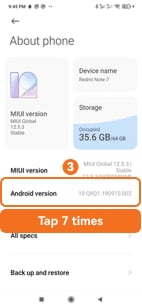 Tap MIUI version 7 times on Redmi phone