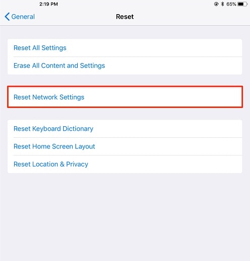 ipad reset net work settings