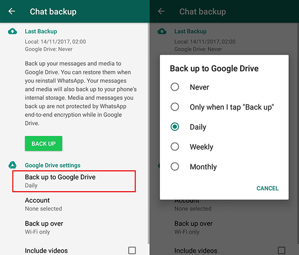 enable backup whatsapp messages on android