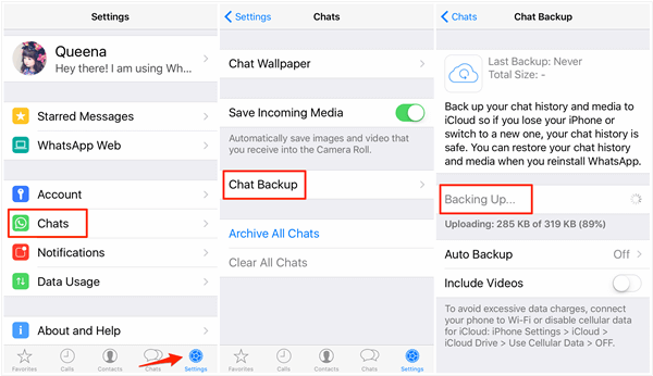 enable backup whatsapp messages on iphone