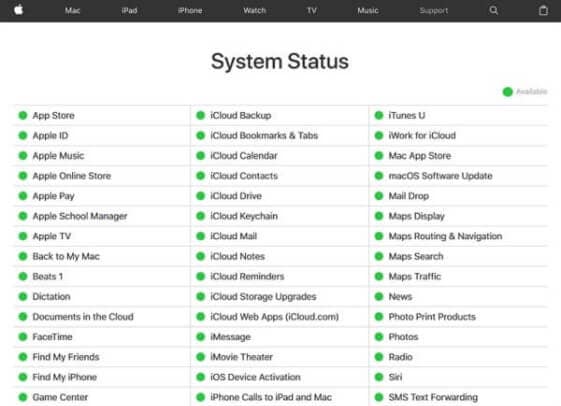 Verifique o status do servidor iCloud