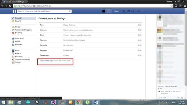 download the copy of your facebook data