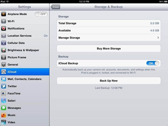 enable iCloud backup on iPad finished