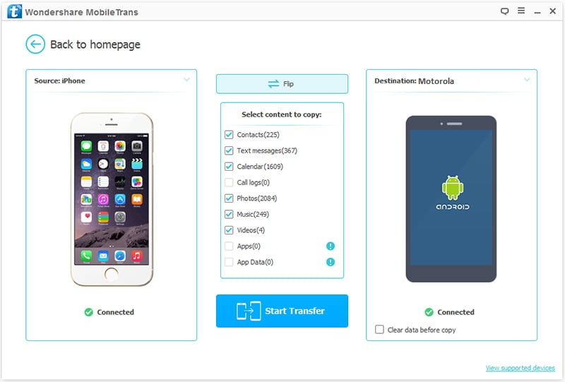 start to transfer data from iOS devices to Motorola