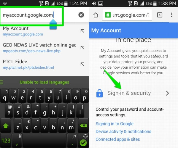 Gmail-wachtwoord opnieuw instellen op Android - zoek de optie Aanmelden en beveiliging 