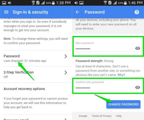 reset Gmail password on Android