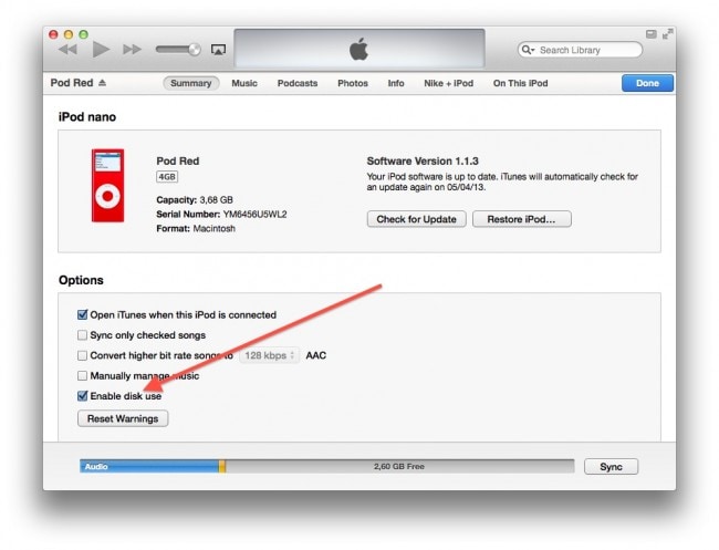 Transfer iPod Music to Another MP3 Player with iTunes-Enable Disk Mode