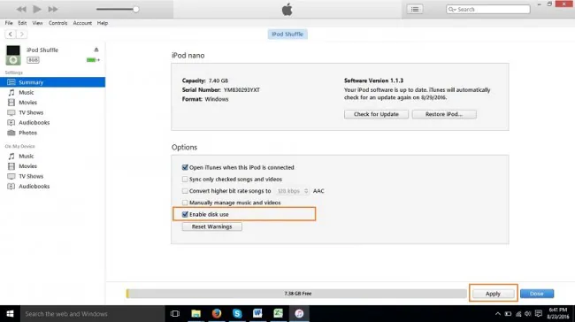 How to transfer music from iPod nano to computer-Enable Disk Usage