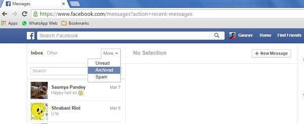 select archived to display facebook message