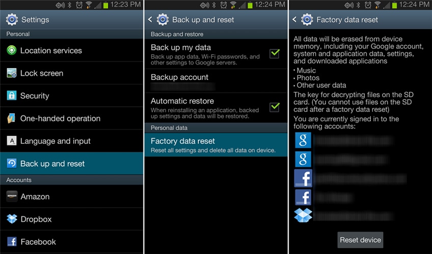 factory reset android from settings menu