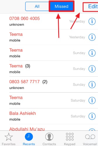 tap the missed call tab