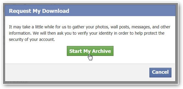 start archive to recover facebook messages