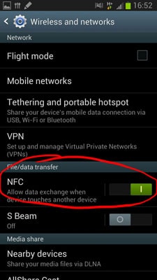 toggle NFC to transfer music from Samsung to Samsung