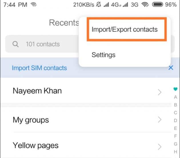 tap on import/export option