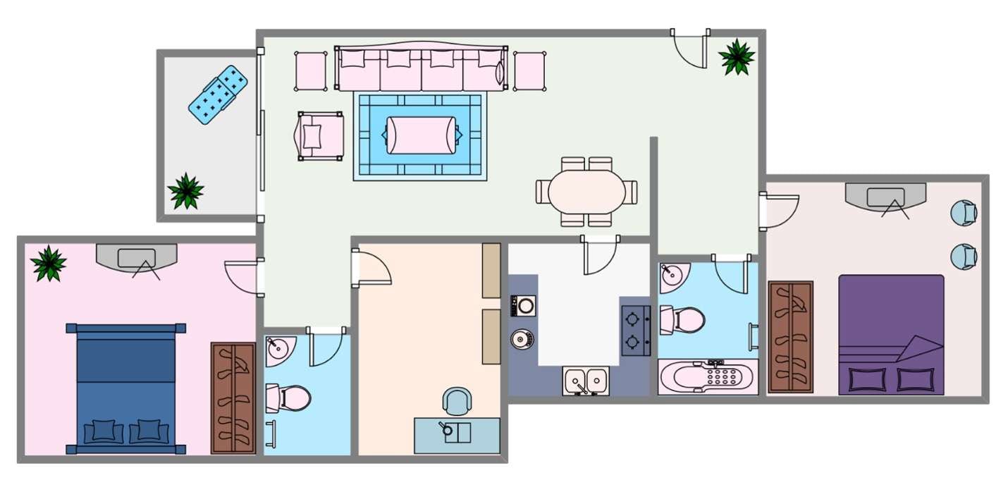 2-bedroom floor plan colorful