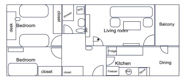 2-bedroom floor plan with labels