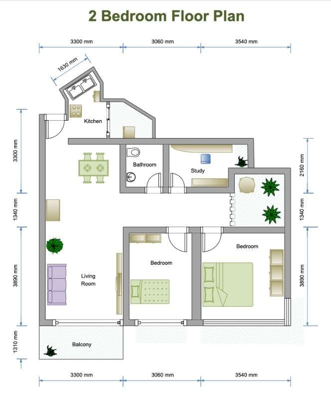 2-bedroom floor plan side-by-side