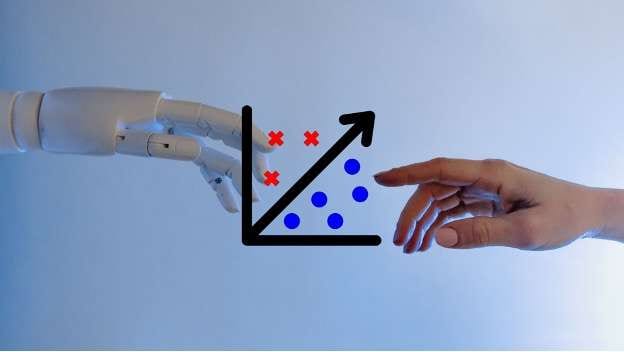robot et mains humaines réunies avec un graphique d'erreur de tendance
