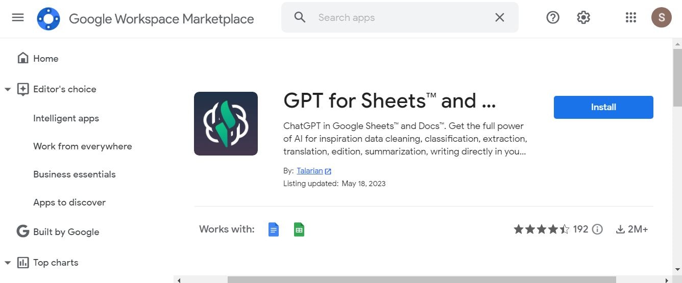 gpt for sheets and docs extension