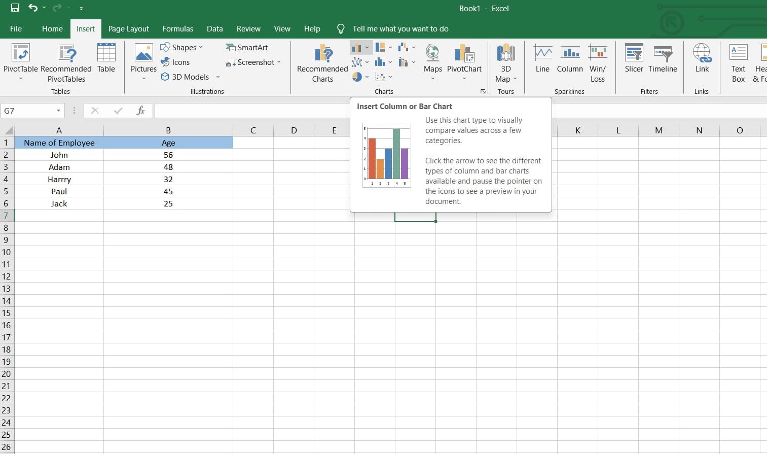 inserta gráfico de barras en excel