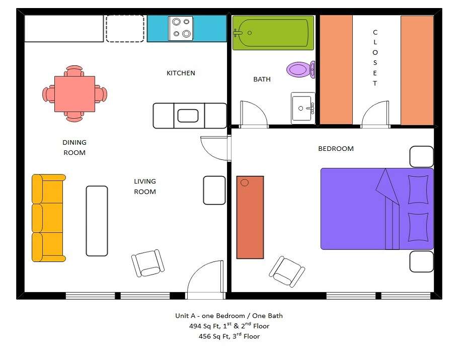 colored one bedroom apartment floor plan