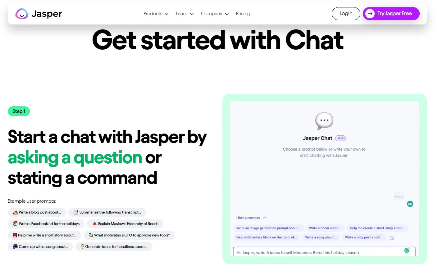  interface de amostra do chat jasper