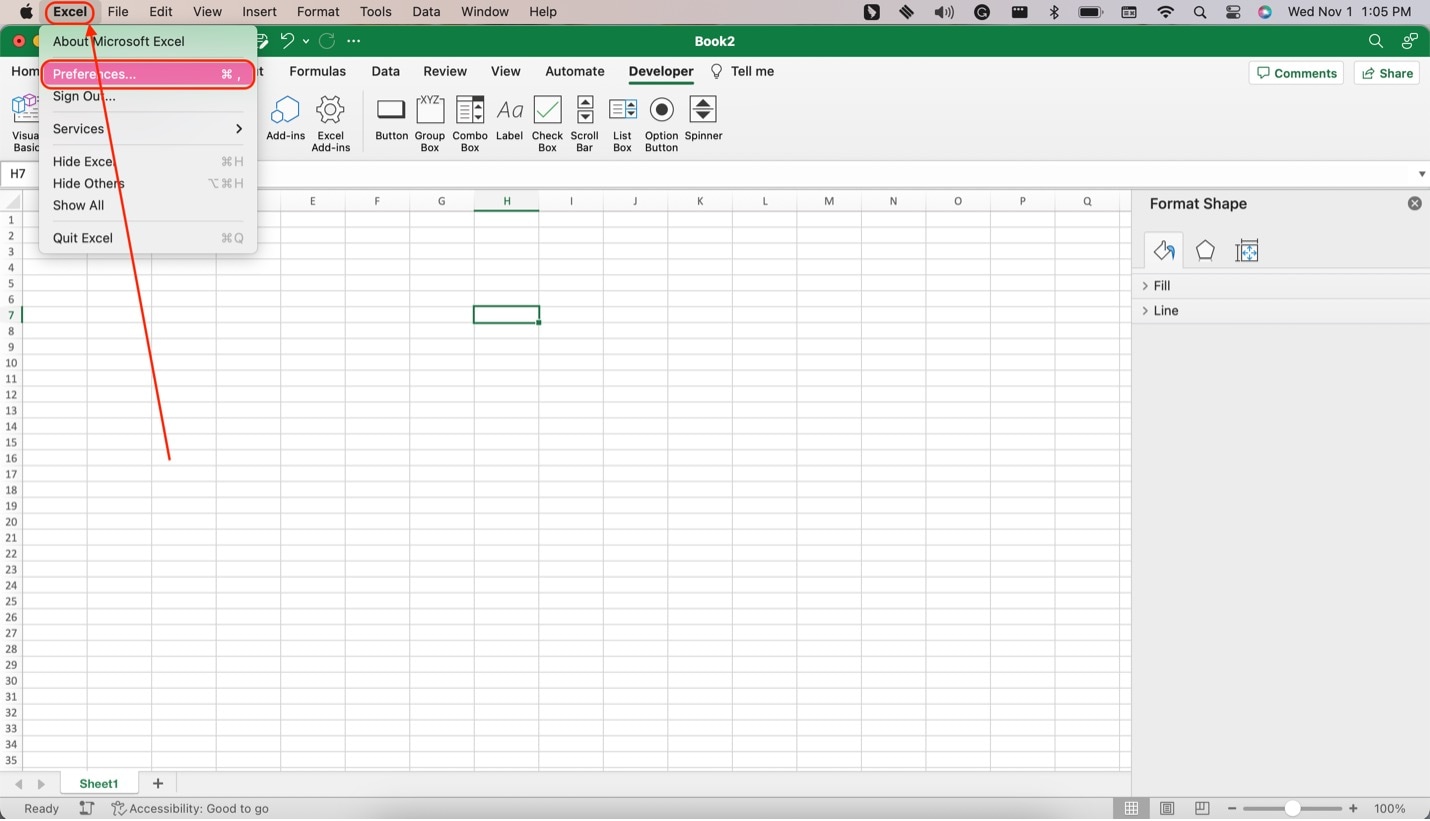 excel preferences menu