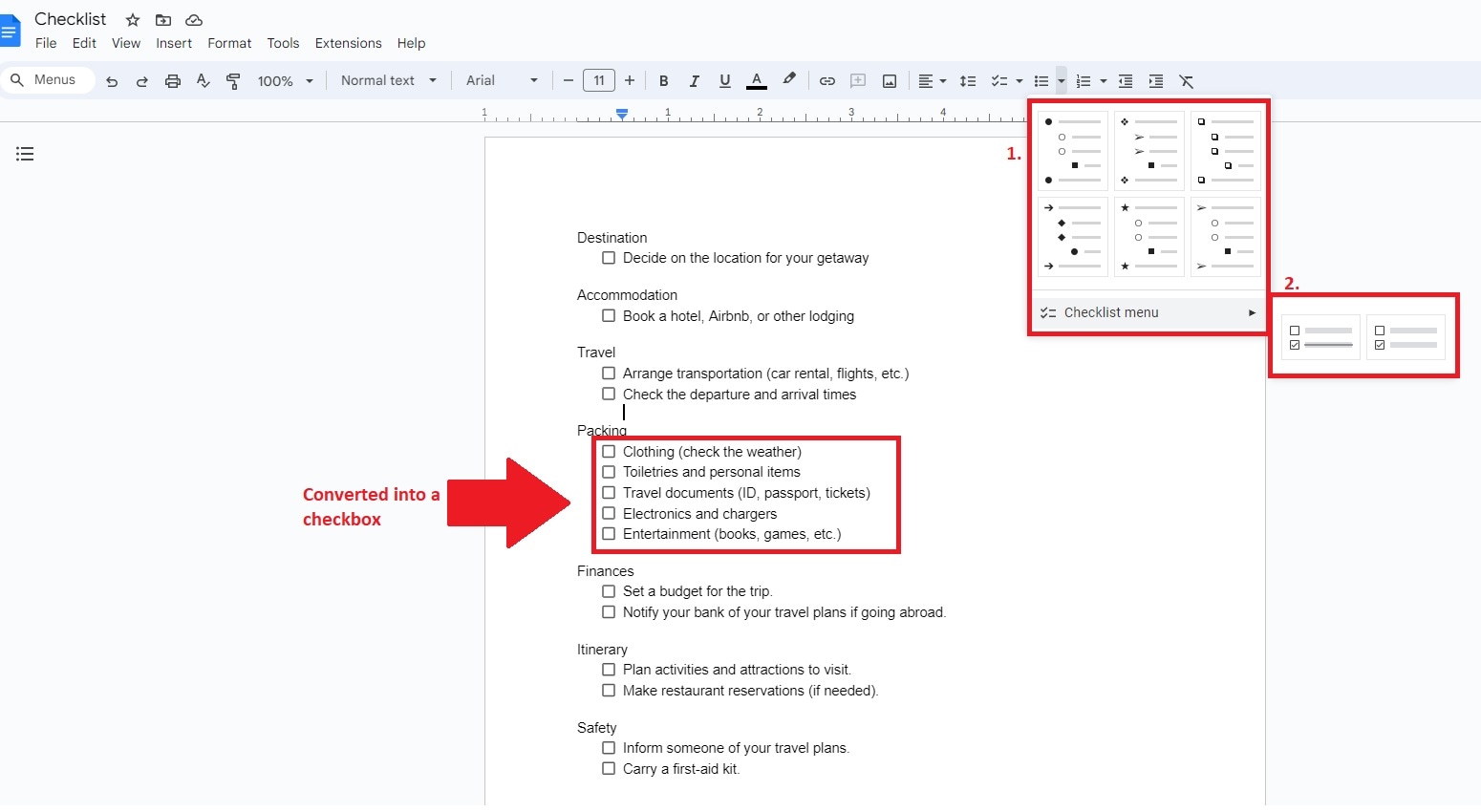 converting bullets into checkbox google docs