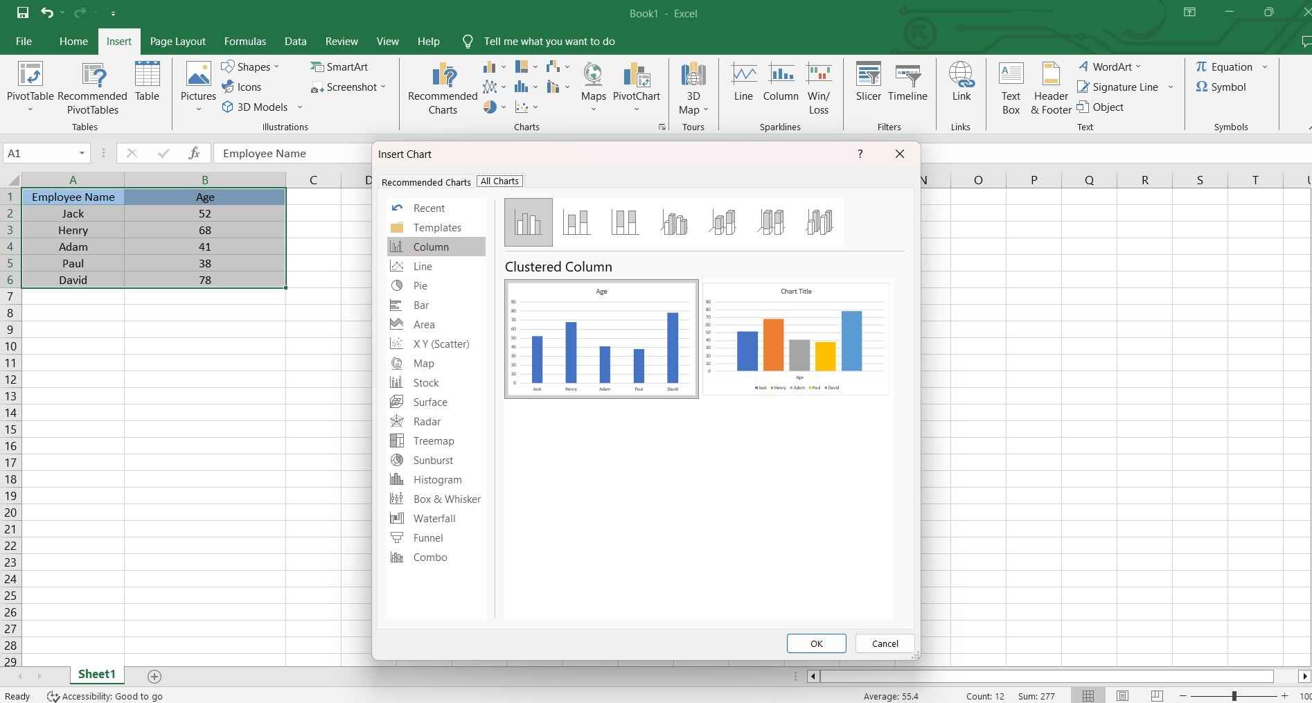 Erstellen eines geclusterten Säulendiagramms in Excel