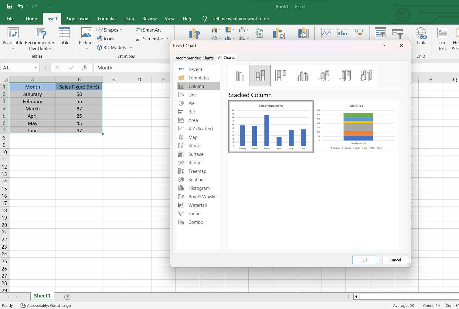 insert stacked column graph in excel