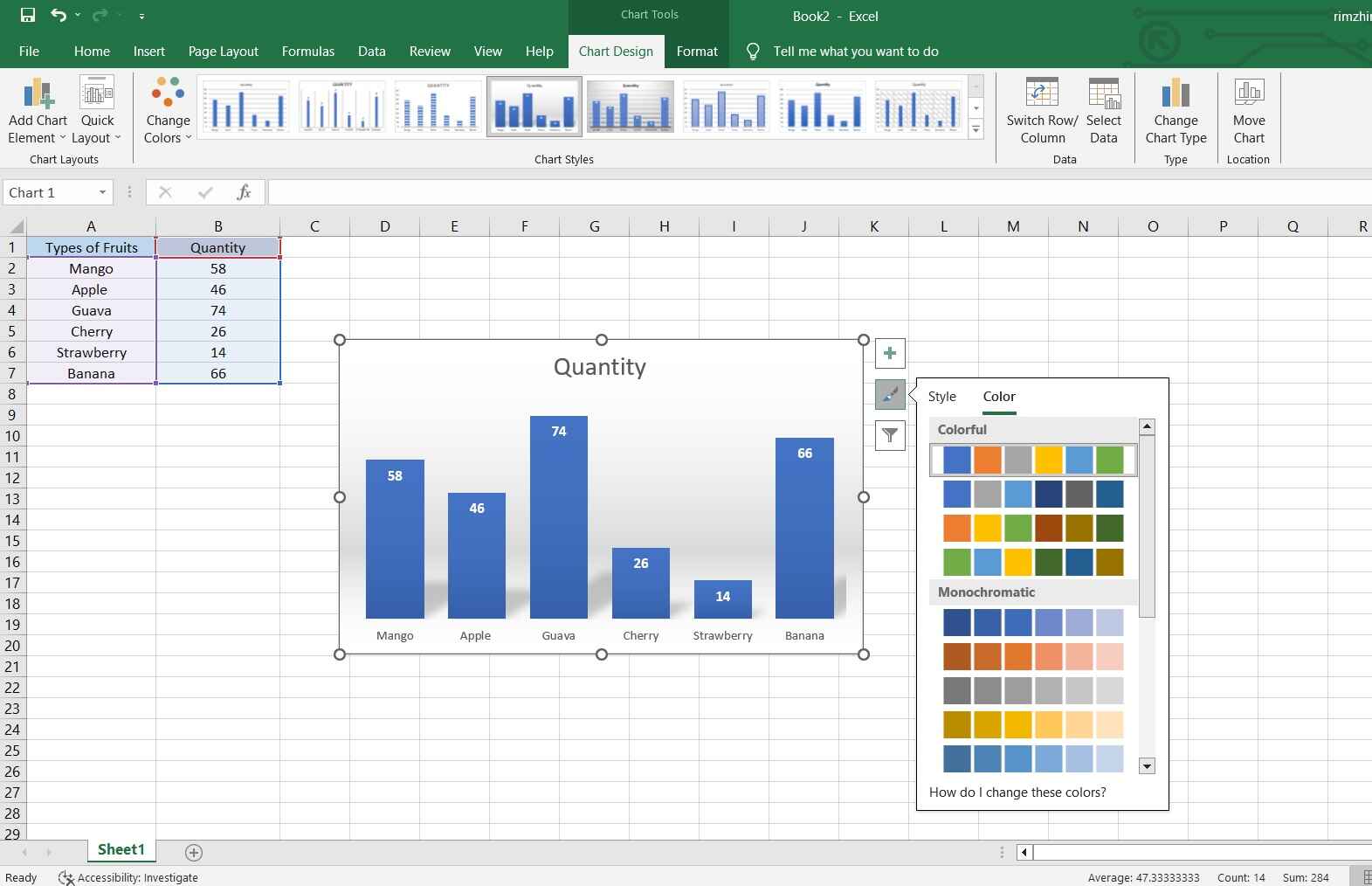 formato de color y estilos en el gráfico de Excel
