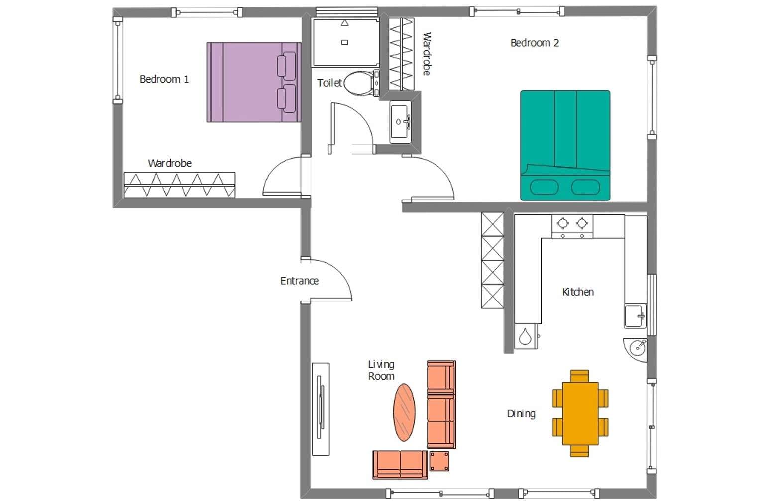 plano de la primera planta con 2 dormitorios