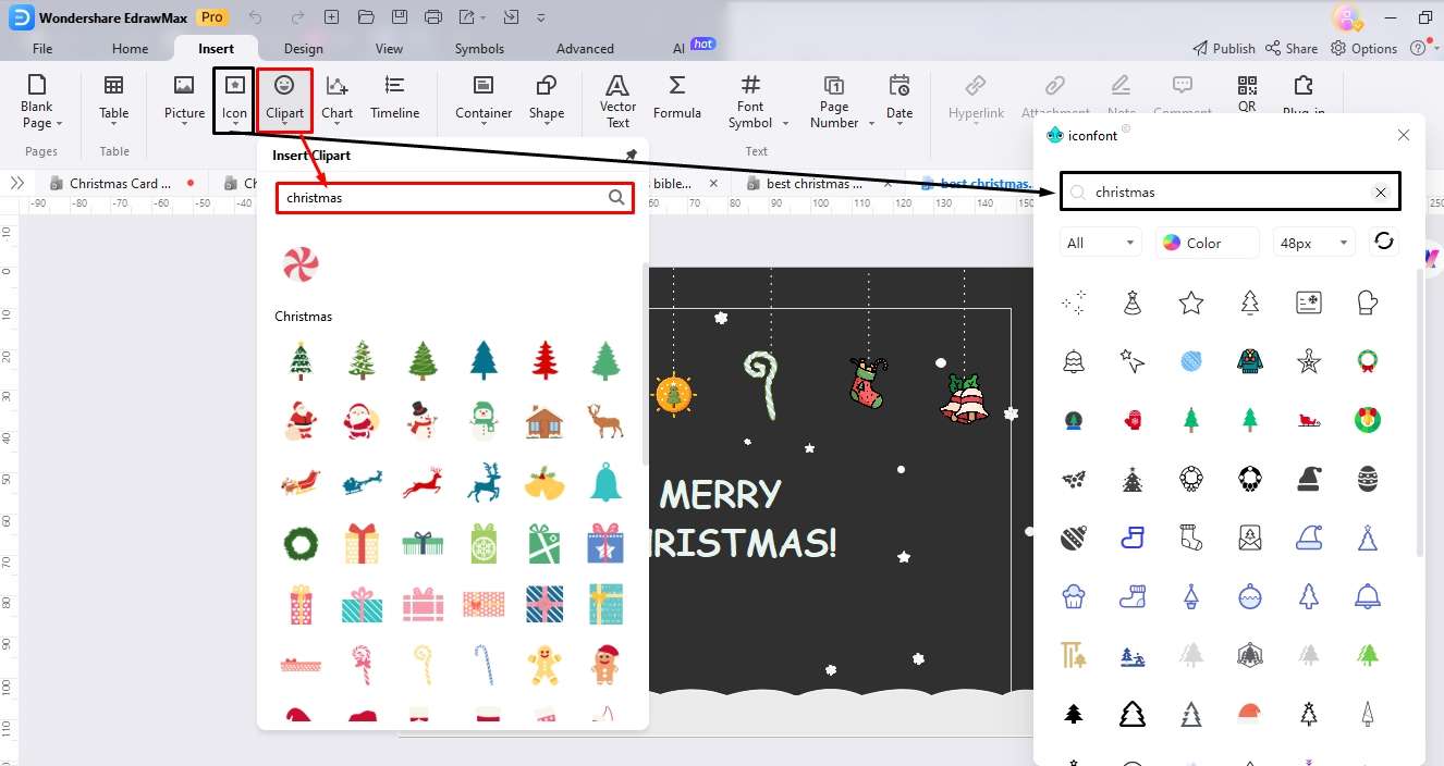 step 2 of creating a christmas card template: inserting cliparts