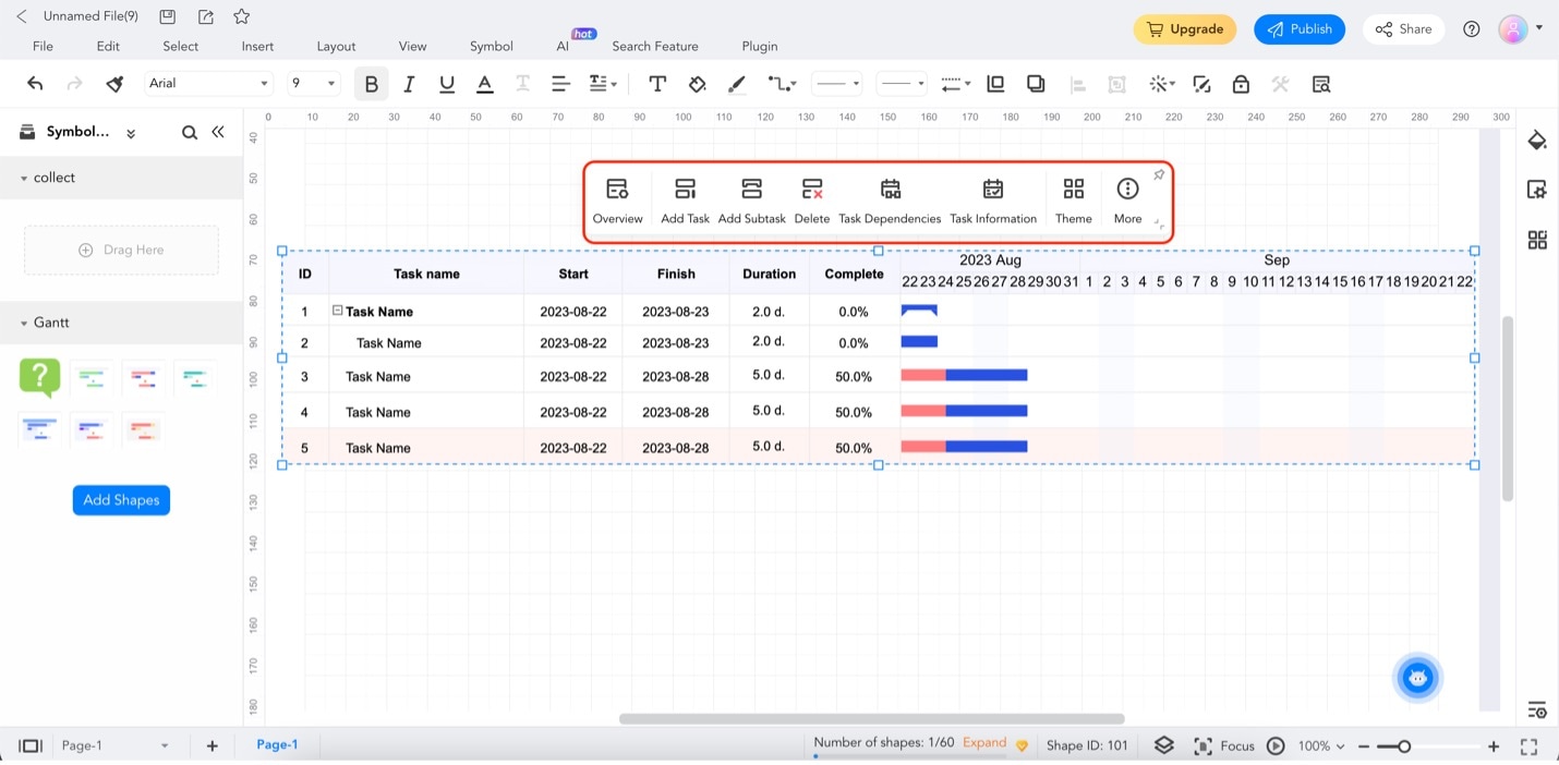 EdrawMax Gantt Diagramm Aufgabenmenü