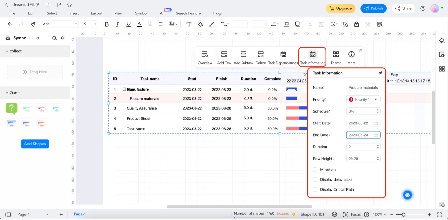 menú de información de tarea de edrawmax