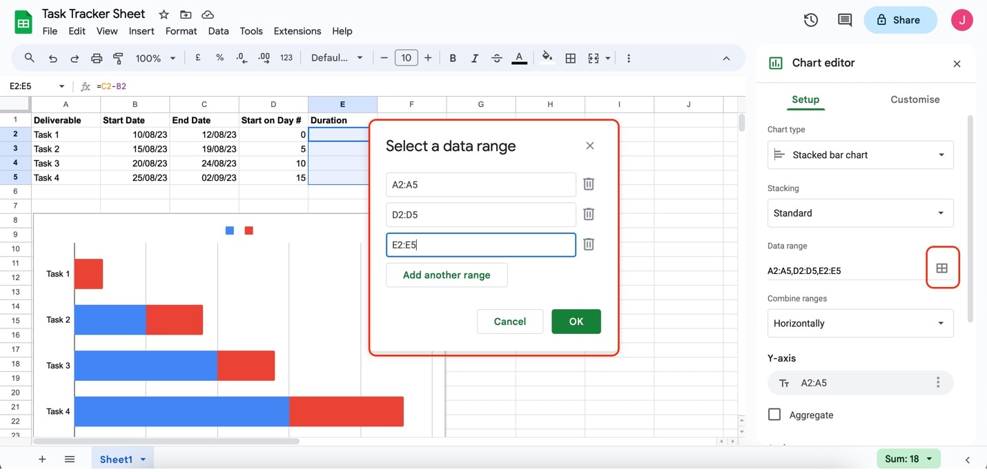 google sheets select a data range