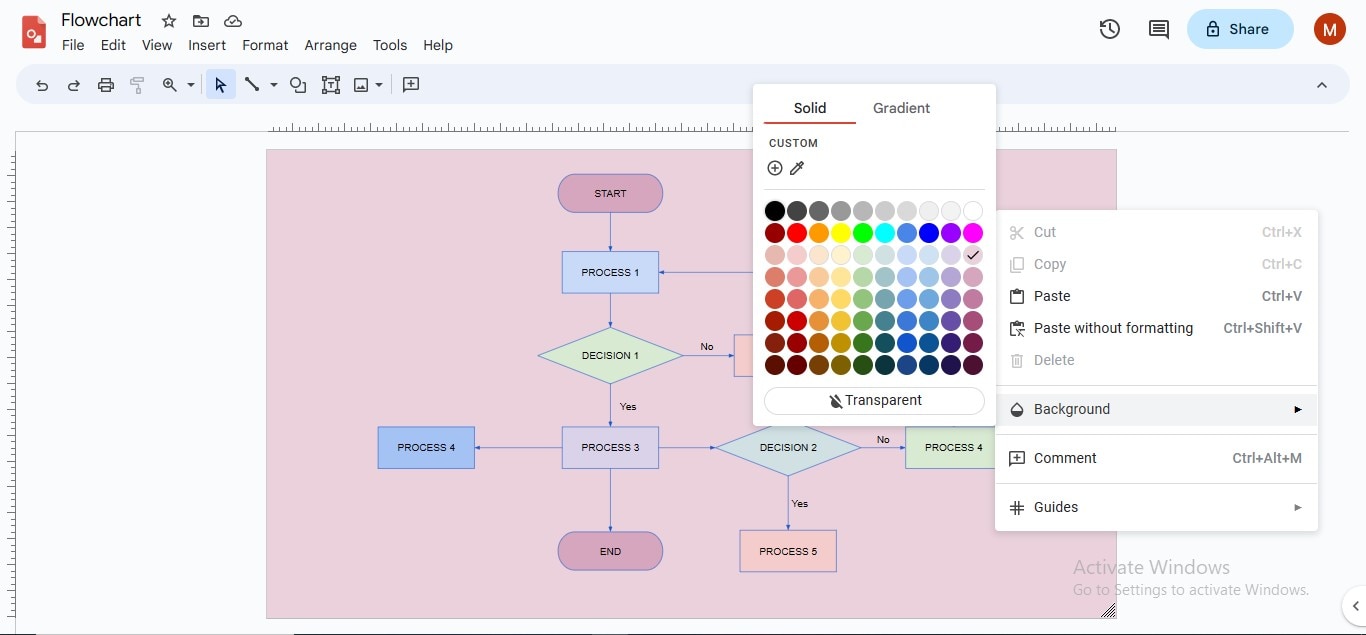 setting background color flowchart google drawings
