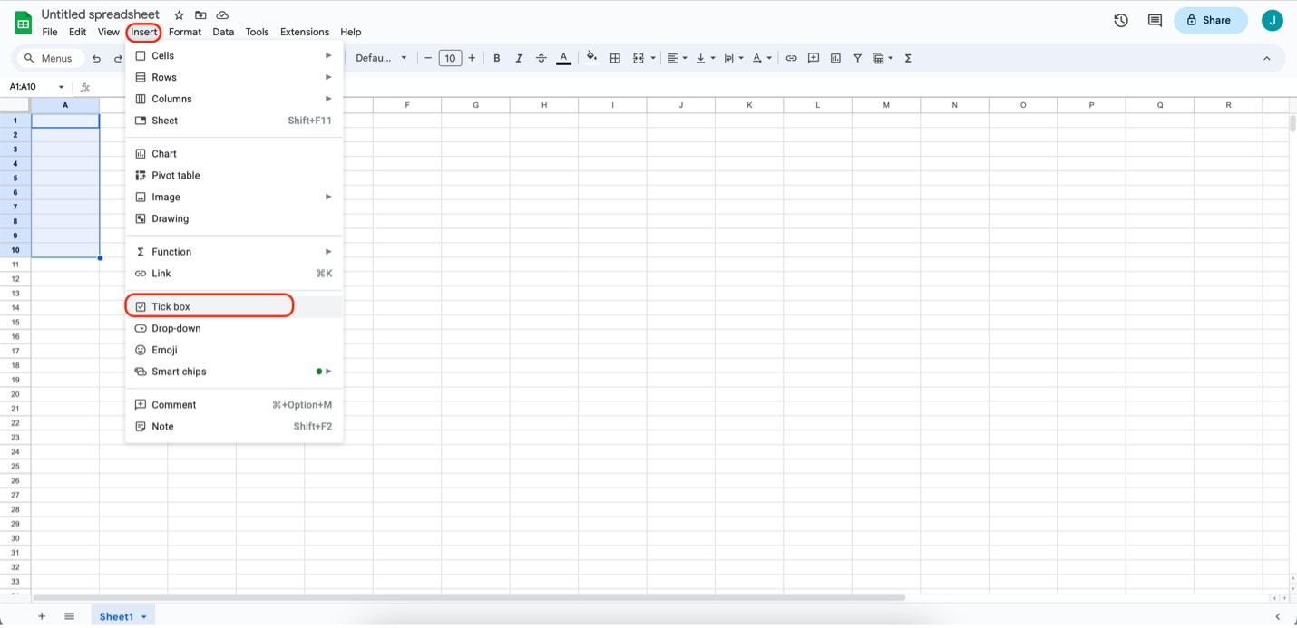 google sheets add tick box