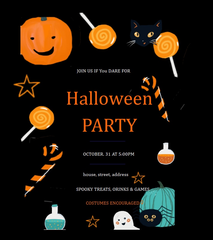 Invitación a la fiesta de Halloween con paletas en forma de calabazas