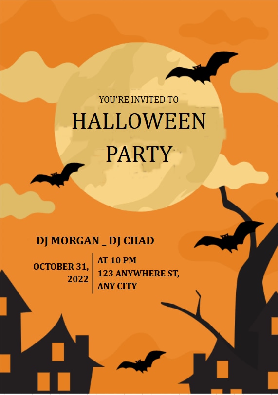 Invitación de color naranja a la fiesta de Halloween con temática de murciélagos