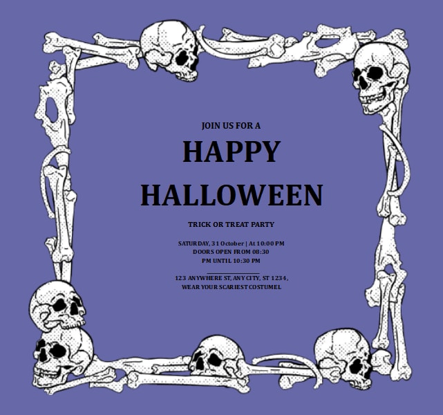 Invitación de color morado a la fiesta de Halloween con temática de esqueletos