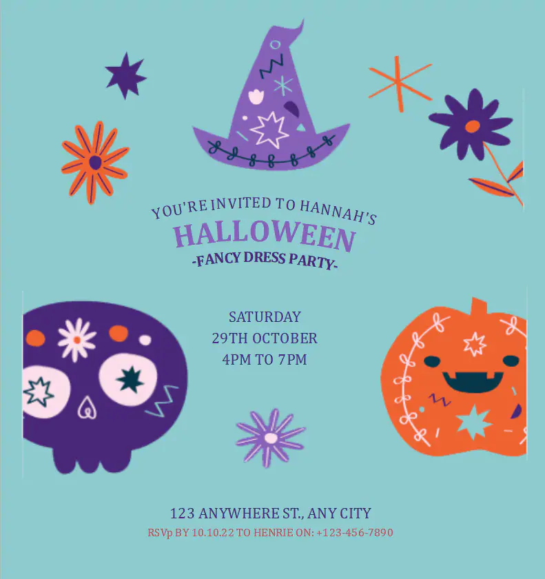 Invitación de color azul a la fiesta de Halloween