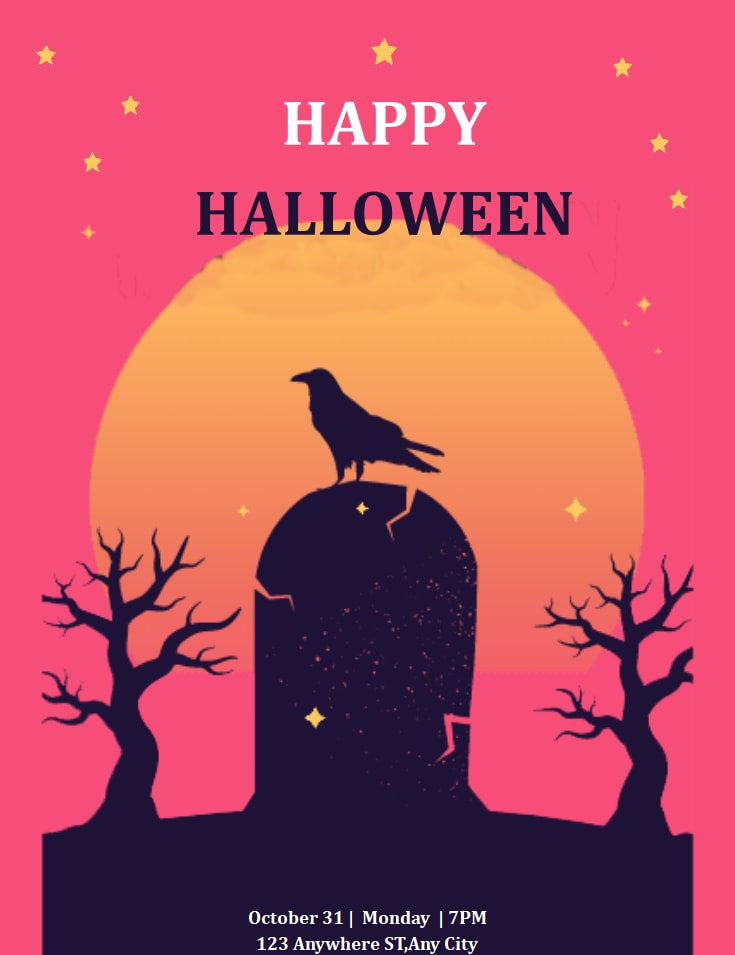 Invitación de color rosa a la fiesta de Halloween con temática de cuervos