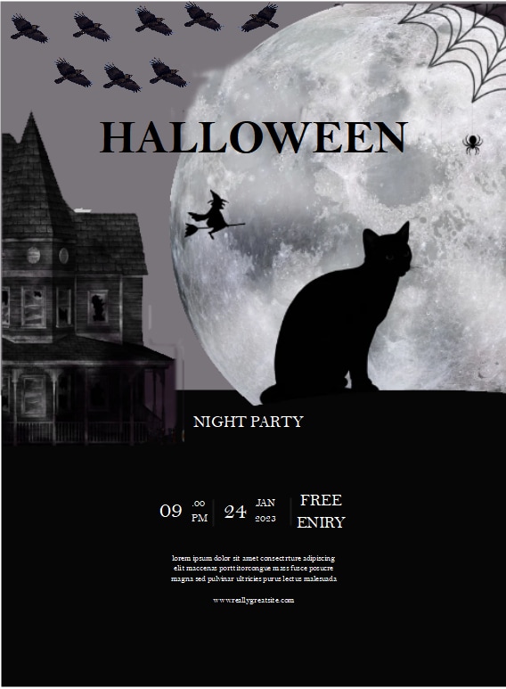 Invitación de color gris a la fiesta de Halloween con temática de gatos