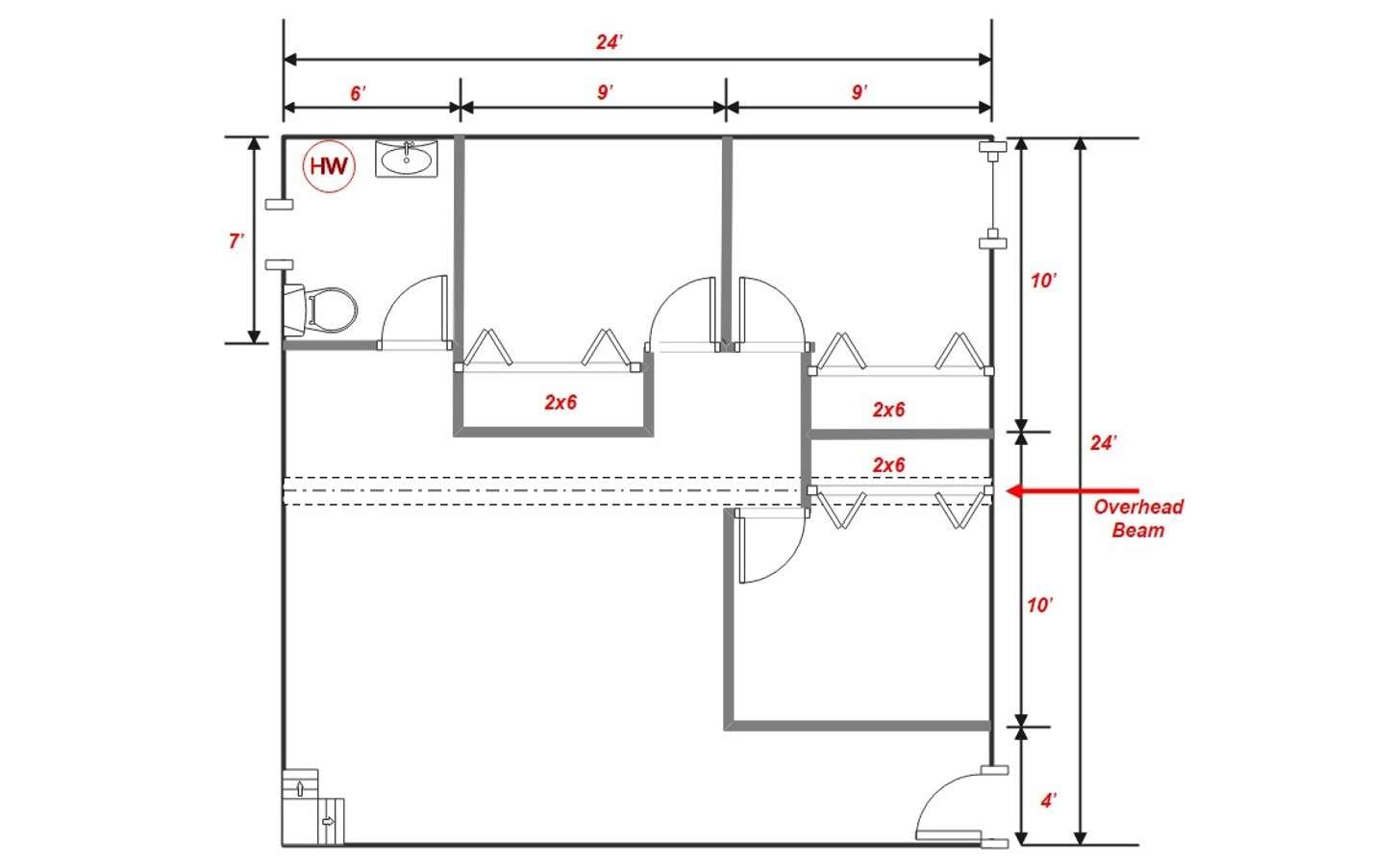 basement floor plan with overhead beam