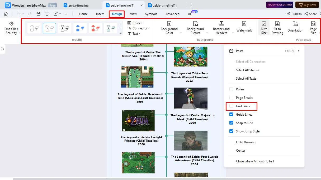 steps of making a timeline: change formatting timeline