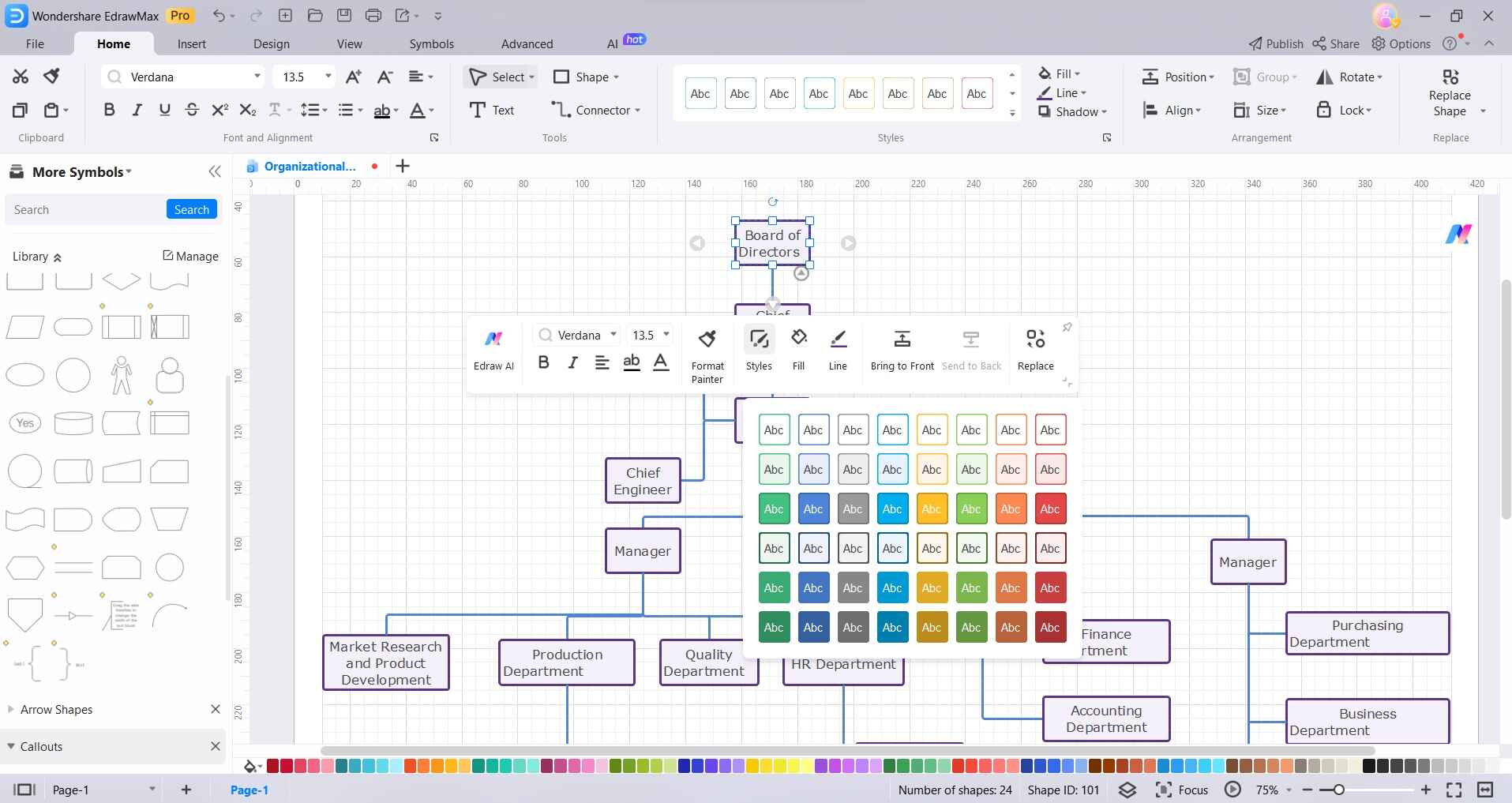 format color and style of org chart in edrawmax